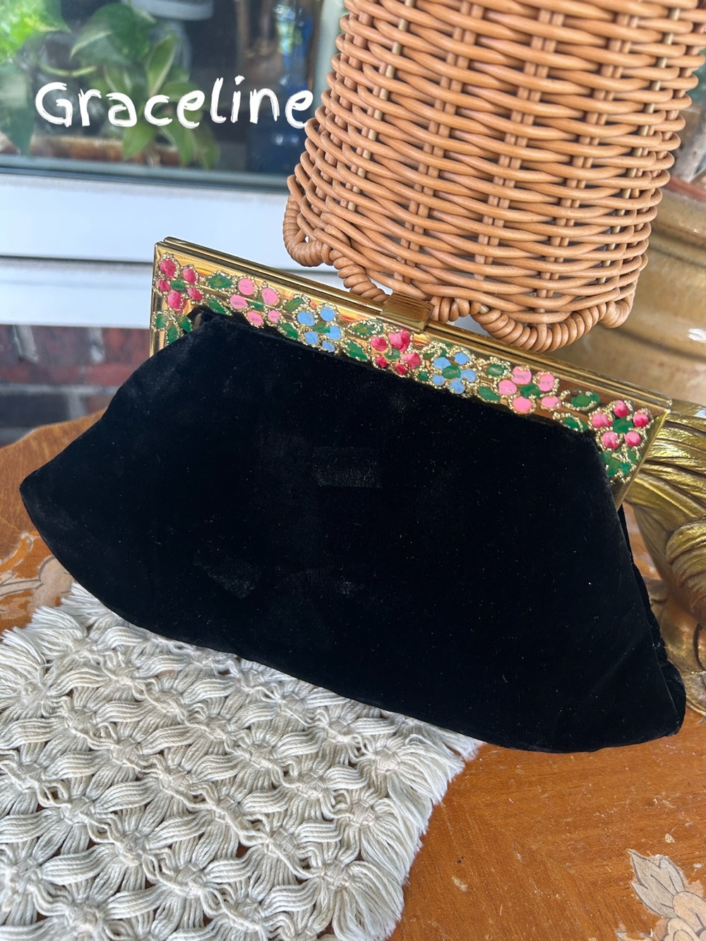 Vintage Black Velvet Enamel Floral-Trim Clutch